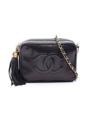 Chanel Shoulder Bag CC Logo Black Lambskin Fringe Chain